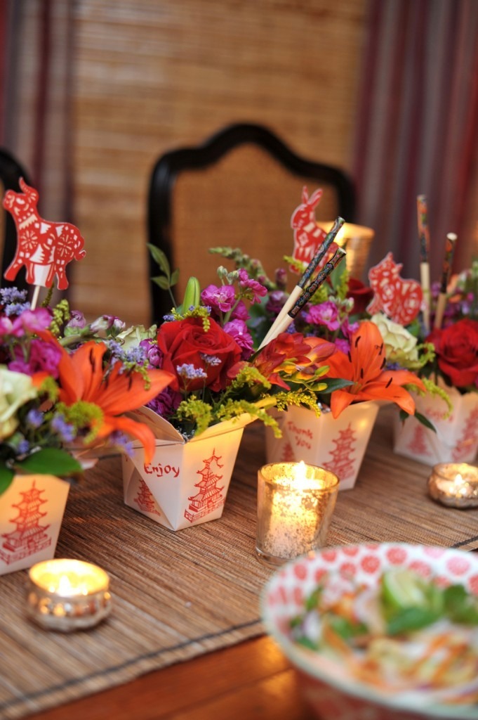 asian inspired baby shower tablescape chinese food boxes flowers