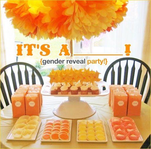 DIY baby gender reveal party orange yellow